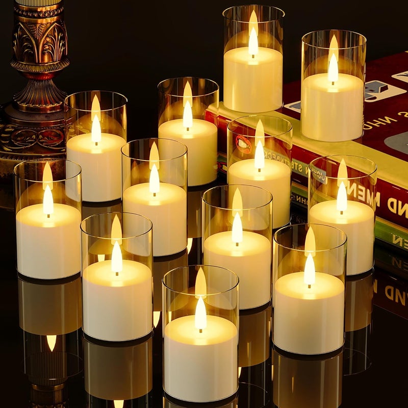 VIODAIM 12Pack Flickering Flameless LED Candles with Timer, Battery Powered - Small Pillar & Votive, Clear (2"X3") - Image 1